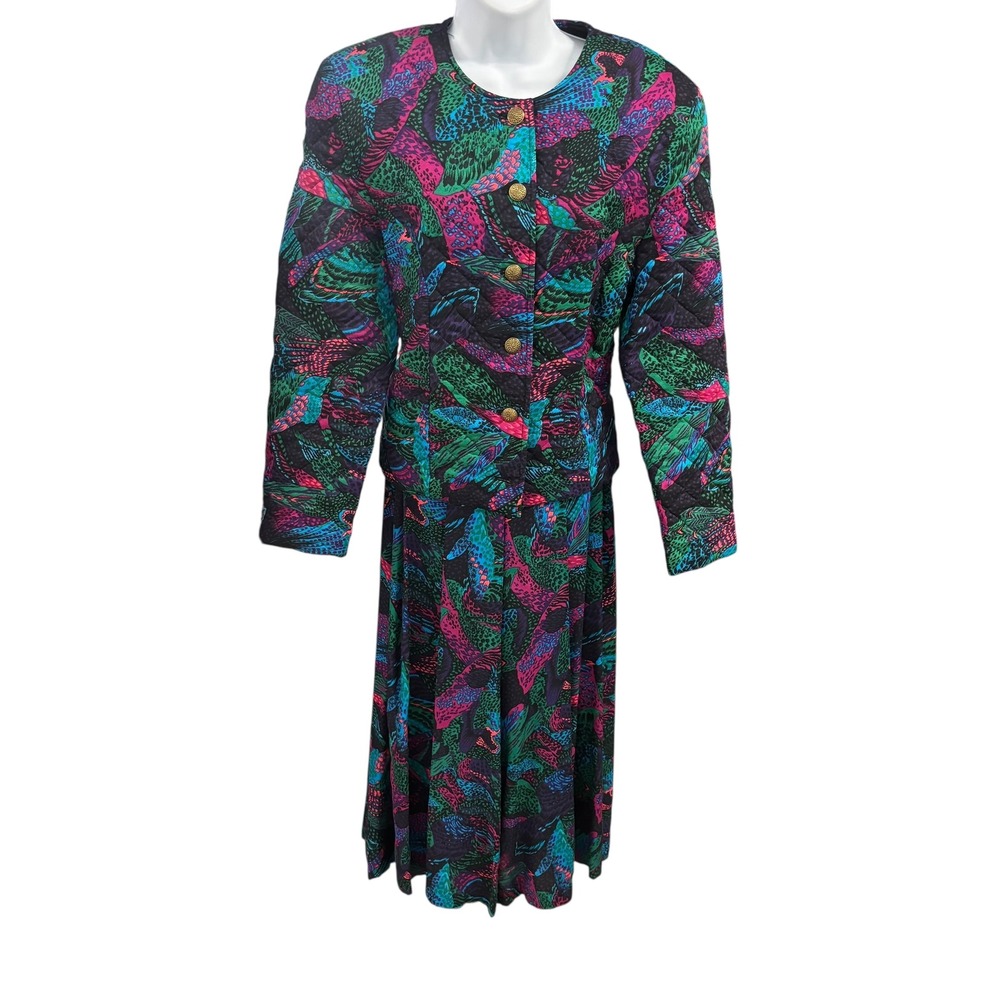 Vintage Quilted Jacket Skirt Set Abstract Print 80s 90s Colorful Retro